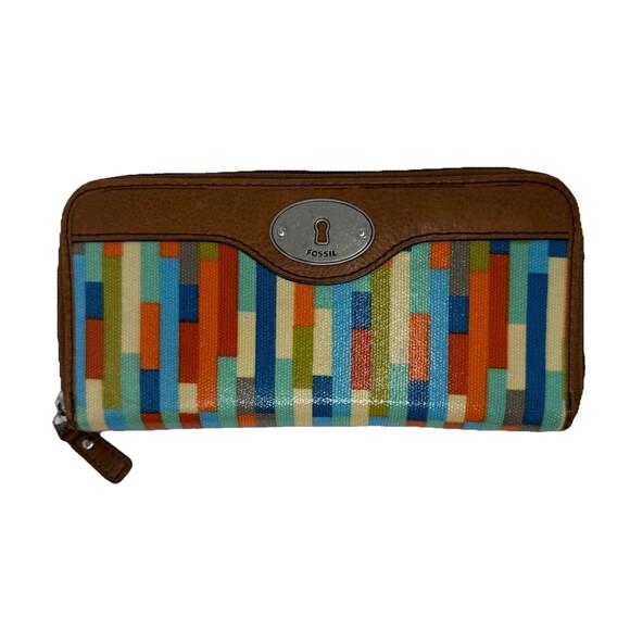 Fossil Key Per Zip Around Women’s Wallet Multicolor‎ Striped - Picture 1 of 9